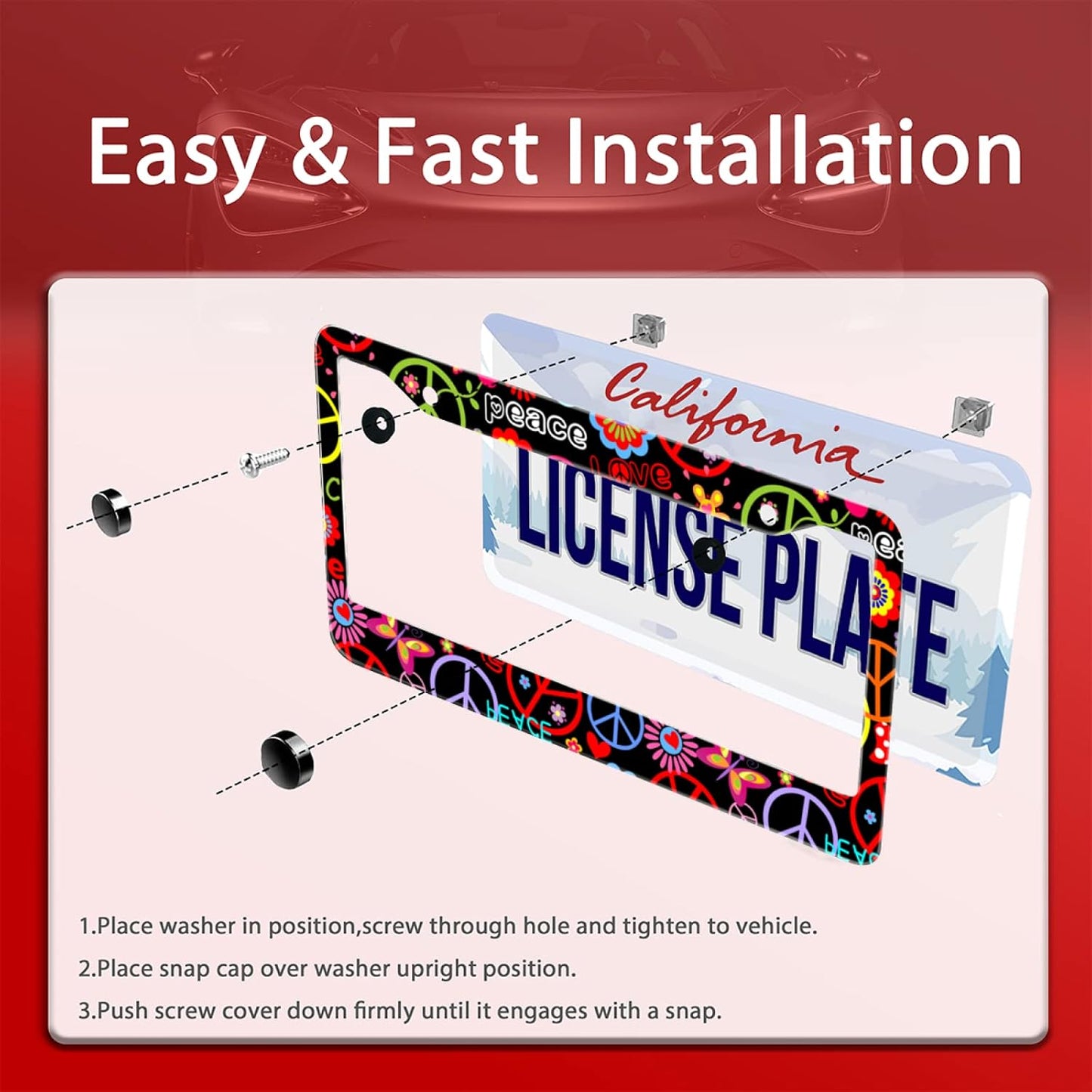 Personalise Hippies Peace Flower License Plate Frames Colored License Plate Frame Car Universal Stainless Steel Accessories Cars Decor 2 Holes Screws Fits Standard US Vehicles Size 12.2 x 6 Inches