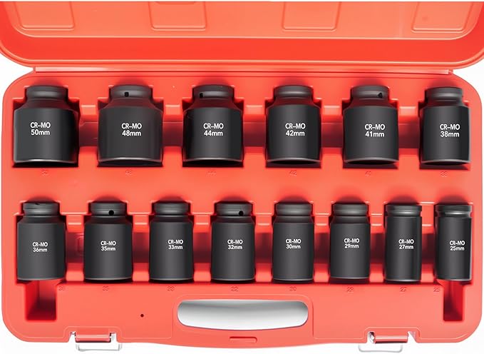 3/4 Inch Drive Deep Impact Socket Set,6-Point, Metric Sizes(25-50mm),14 PCS,Cr-Mo Steel,Heavy Duty Impact Sockets for Automotive & Industrial Machinery,With a Storage Case