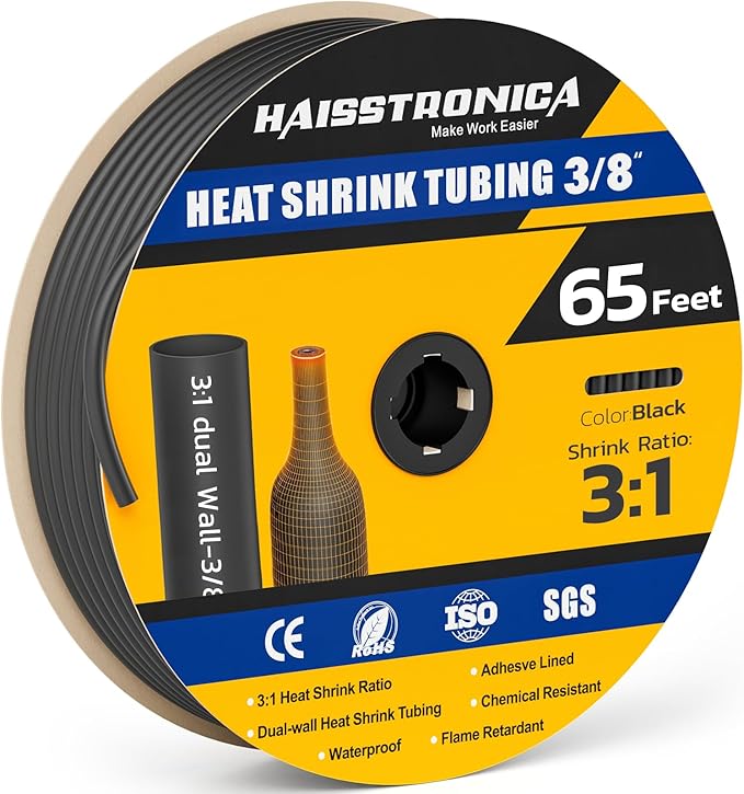 haisstronica 3/8" 65FT Heat Shrink Tubing, 3:1 Shrink Ratio Adhesive Lined, Marine Grade Waterproof Insulation Heat Shrink Tube - Black