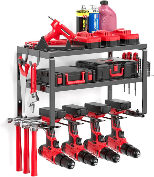 Heavy Duty Drill Holder & Power Tool Organizer Wall Mount, Metal Cordless Tool Organizer for Cordless Drill, Accessory Holder Rack Suitable for Workshop Garage (3 Tier 4 Drill Holder)