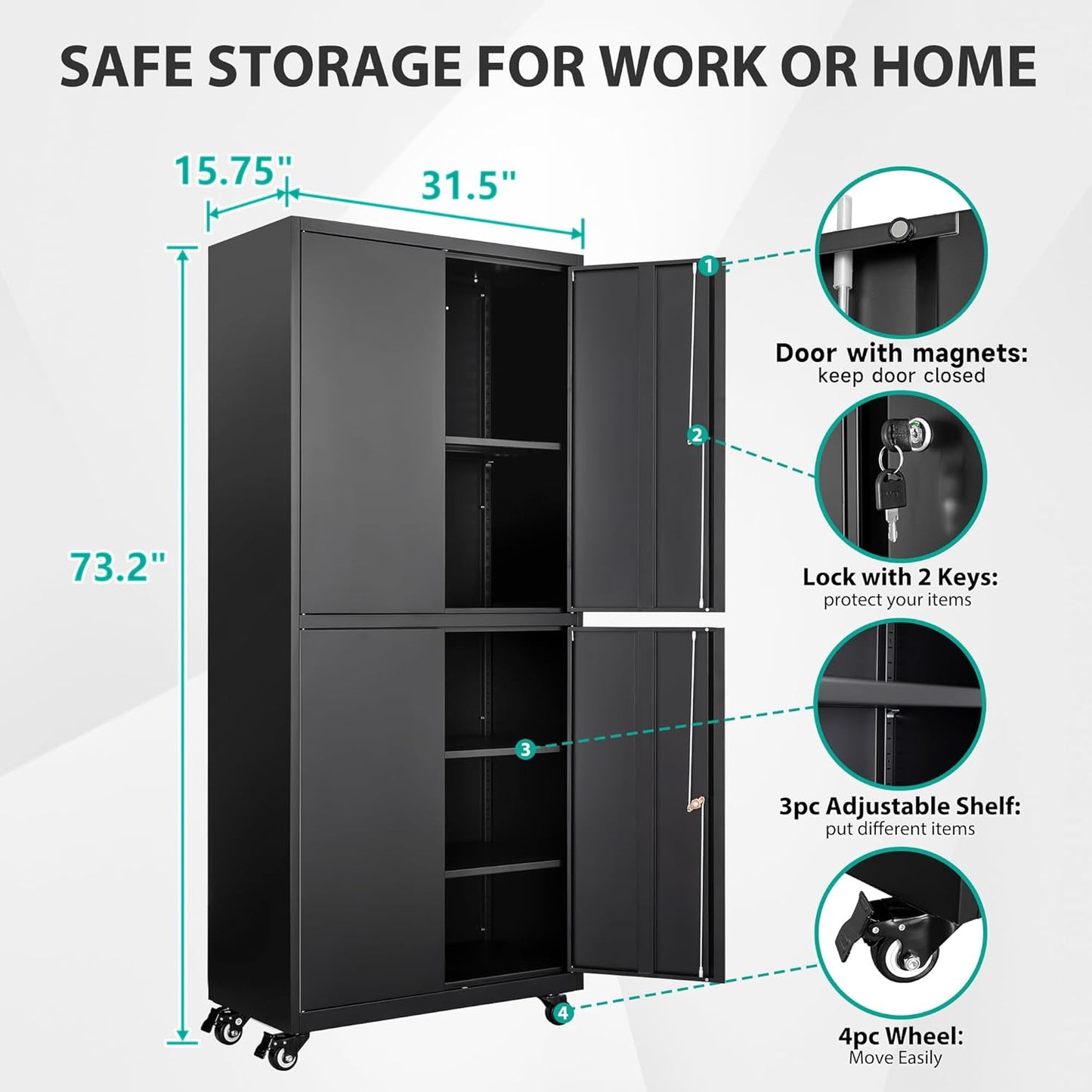SISESOL Metal Storage Cabinet with Wheels,73" Rolling Garage Storage Cabinet with Lock,Black Metal Cabinets with Shelves and 4 Doors,Tall Tool Cabinets on Wheels for Garage,Home,Office,Shop