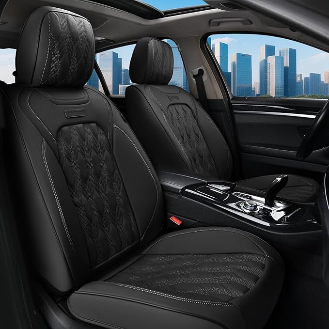 Coverado Car Seat Cover, Black Seat Cover for Cars, Luxury Leather Seat Covers Full Set with Embossed Pattern, Waterproof Car Seat Protector Car Seat Cushions Universal Fit Most Vehicle