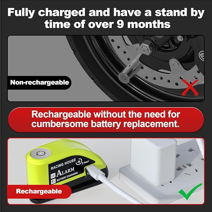 Motorcycle Lock Rechargeable, Alarm Disc Brake Lock with Reminder Cable, 110 dB Alarm Sound, Anti-Theft Waterproof, 2 H Fast-Charging, 9 Months Standby, 7 mm Lock Pin Universal for Bikes