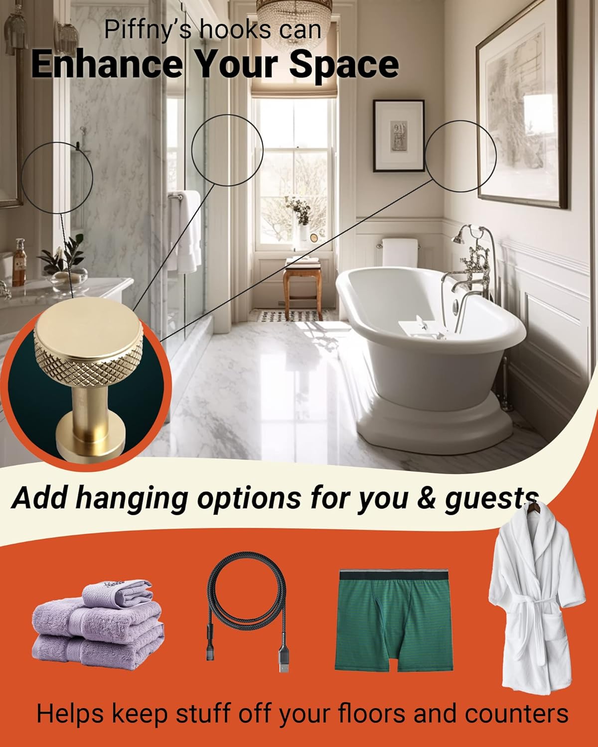 Screw Mount Round Hooks Constructed of Stainless Steel for Towels, Robes, Hats, Jackets in The Bathroom, Bedroom, Kitchen, Entry, and Backyard BBQ Pool Deck - Knurled Black, 6 Pack