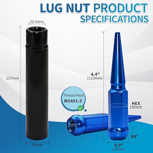 M14X1.5 Blue Wheel Spike Lug Nuts, 24 PCS Lug Nut Wheel Accessories with 1 Socket Key, Thread Spiked 4.4" Long Closed End Nuts Compatible with Silverado Sierra 1500