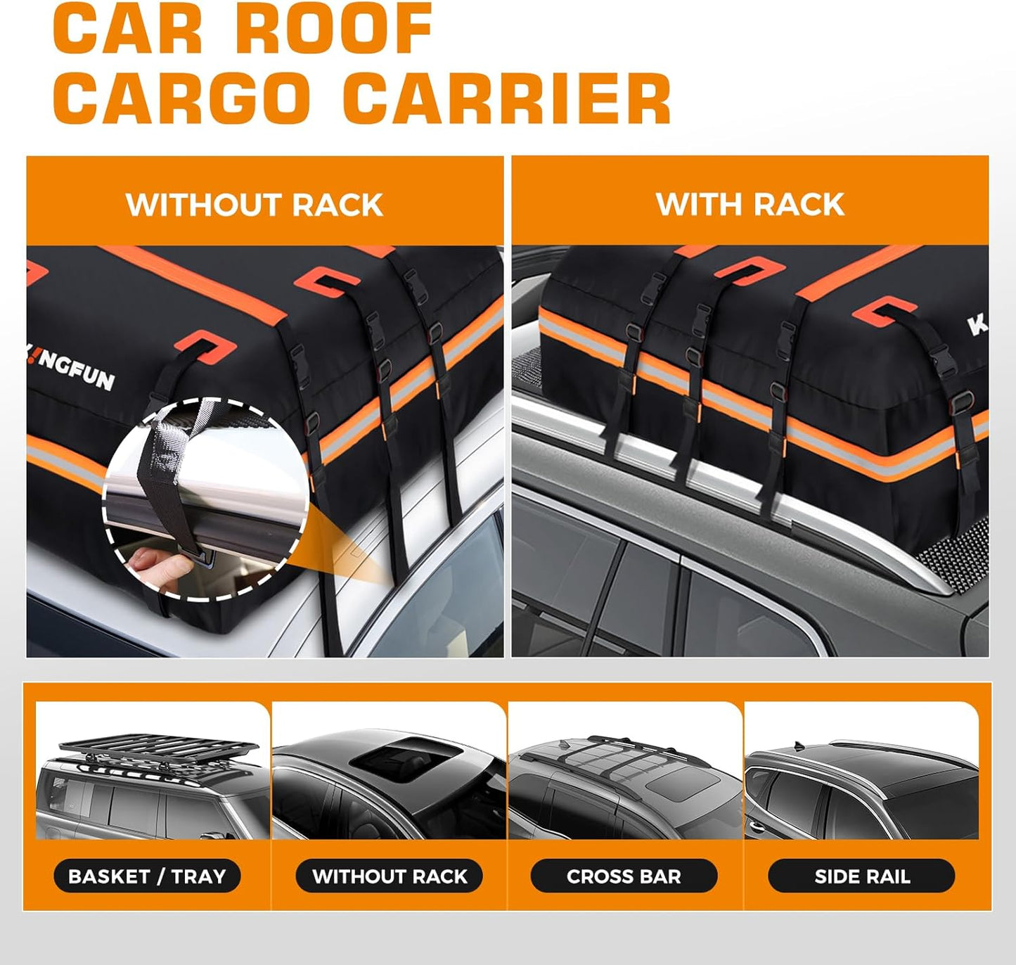 Kingfun Car Rooftop Cargo Carrier – Waterproof 20 Cubic Feet Car Roof Bag Fit All Vehicles with/Without Roof Racks, Includes Anti-Slip Mat, 8 Reinforced Straps & 6 Door Hooks, Luggage Locks
