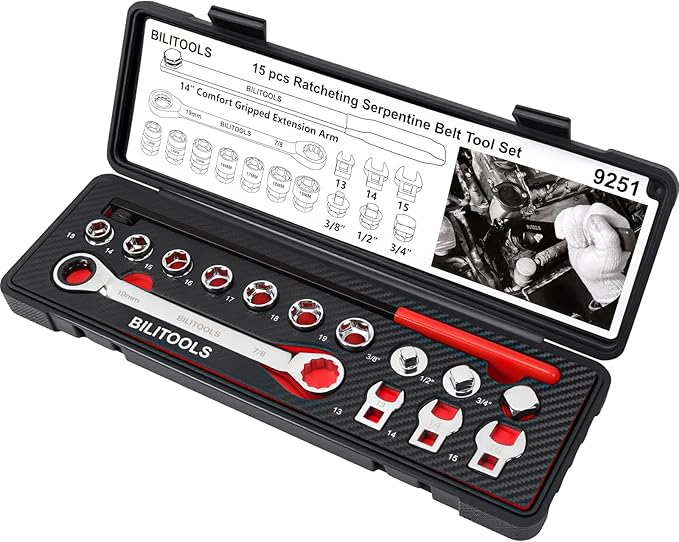 BILITOOLS 15-Piece Universal Serpentine Belt Tool Set,Belt Tensioner Tool Kit with Ratcheting Wrench, Crowfoot Wrenches, Socket Adapters.19 mm and 7/8'' ratchet drive.