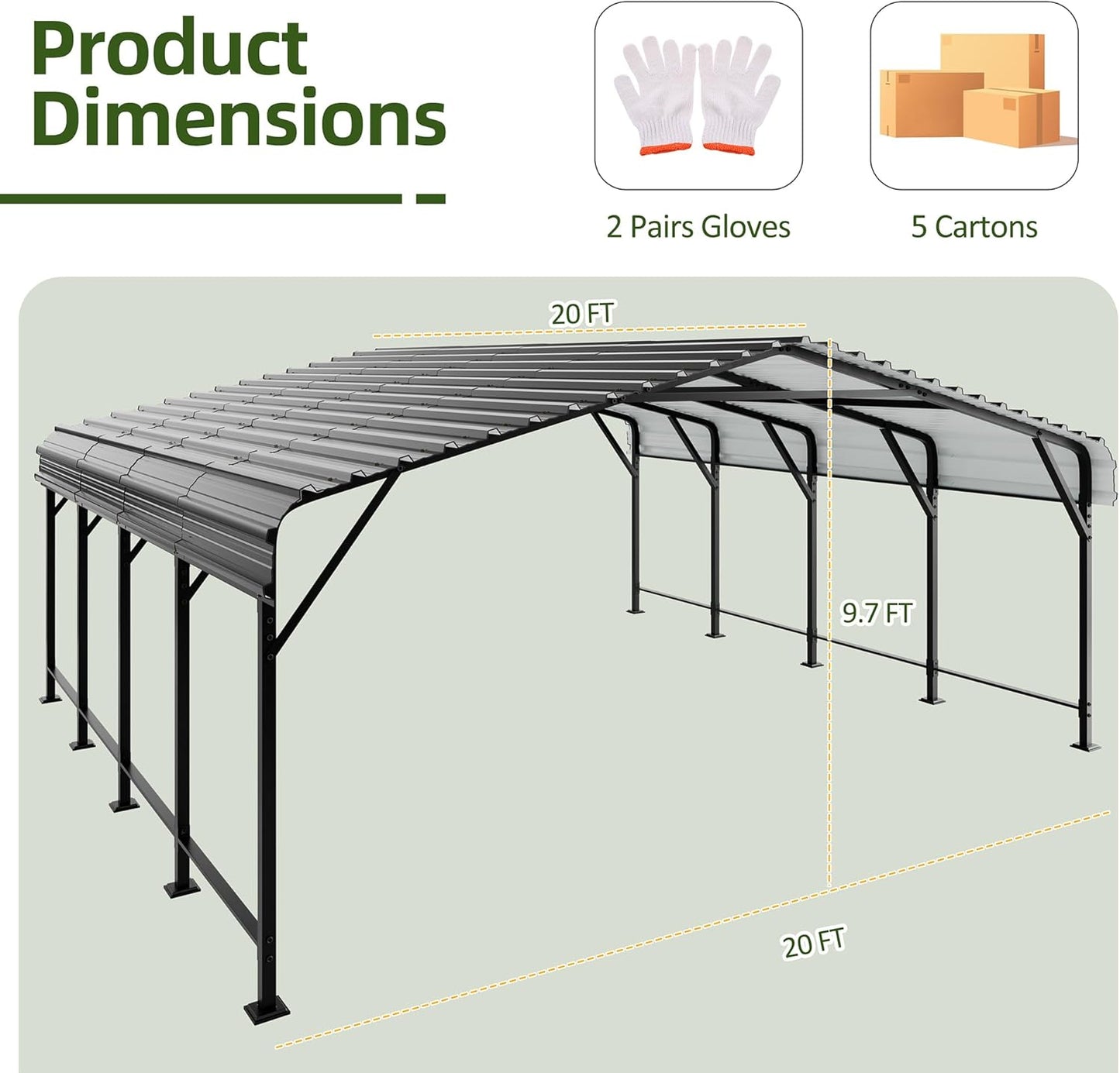 JAMFLY Carport, 20X20 FT Metal Carport, Heavy Duty Carport Canopy with Galvanized Steel Roof and Frame, Metal Carport Upgraded Extra Large Garage for Pickup, Boat, Car and Tractors