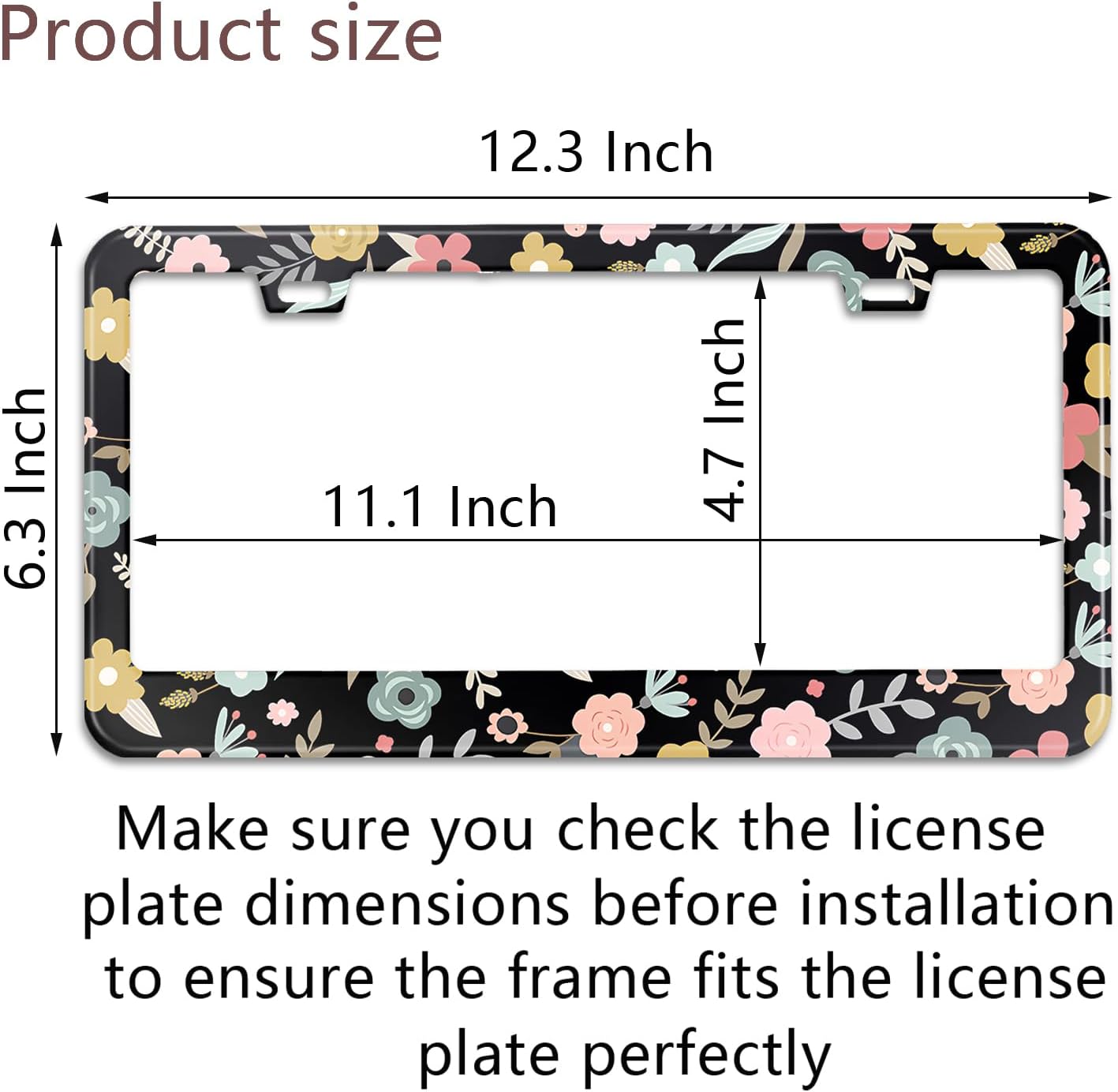Black Cute Cartoon Floral License Plate Frame Colorful Flowers Stainless Steel License Plate Holder Auto Parts Decoration with Screws License Plate Holder 12x6 Inch for Women Gift Car Accessories