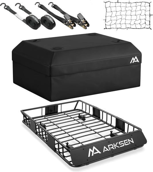 ARKSEN 54 x 34 x 6 Inch Universal Roof Rack with Extension, 600D Waterproof Bag, 2 Ratchet Straps&Net, 150 LBS Capacity Heavy Duty Rooftop Cargo Basket for SUV, Truck, RV, Pickup