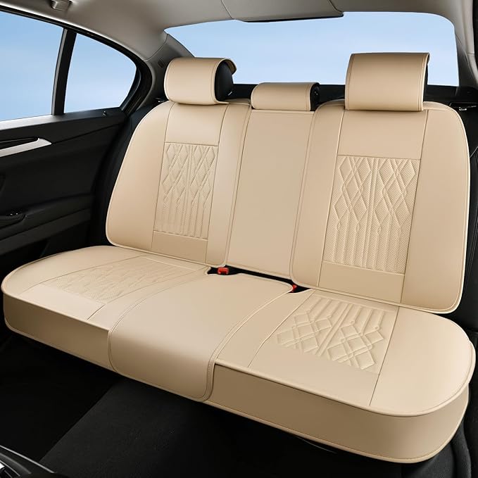 Huidasource Rear Seat Covers, Waterproof Nappa Leather Rear eat Covers for Split Bench, Universal Fit Automotive Back Seat Covers for Most Cars Sedan SUV Pickup Truck (Back Row/Beige)