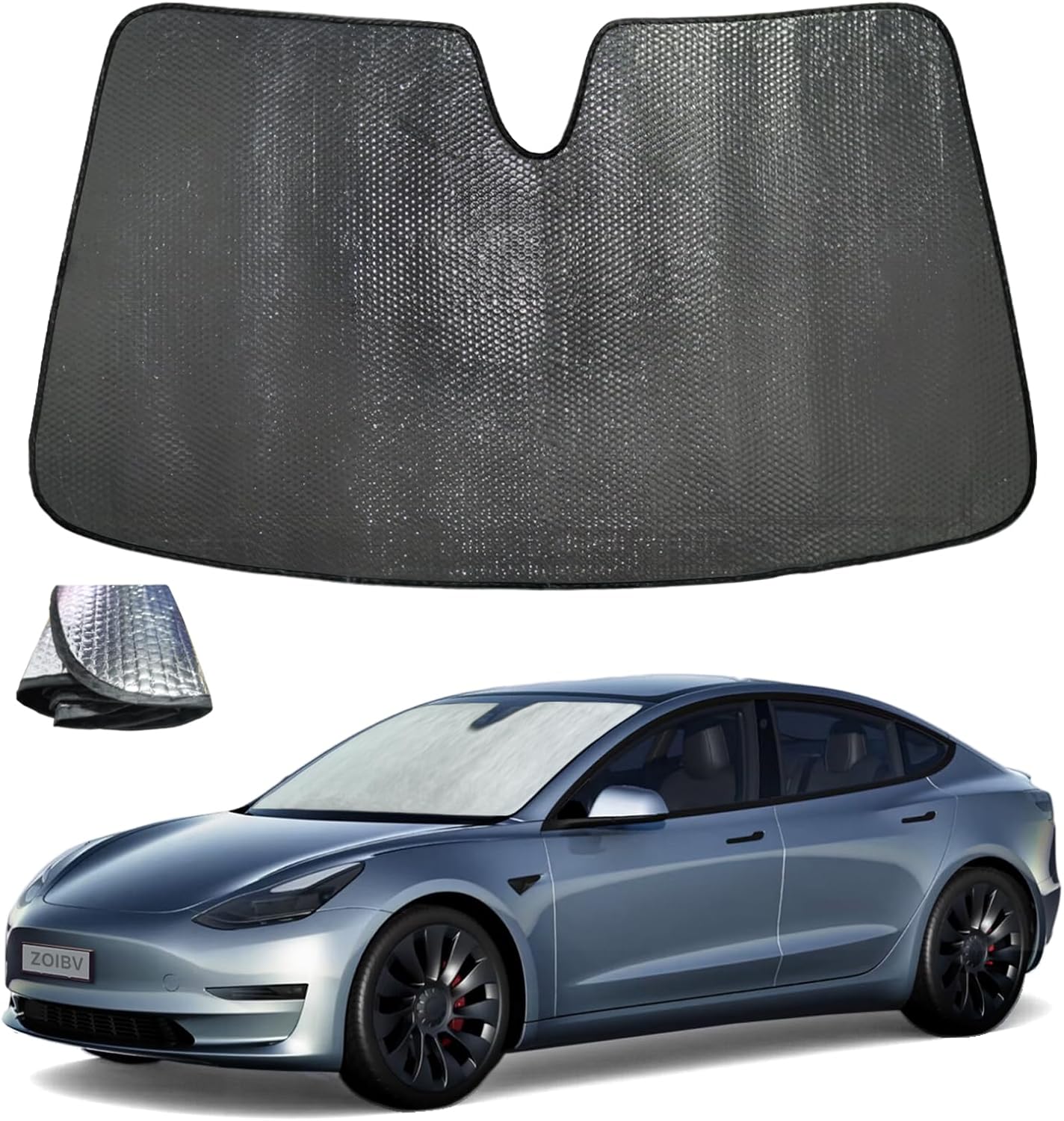 Windshield Sun Shade for Tesla Model Y 2020-2024 - 5-Layer Bubble Accordion Foldable Front Window Shade Sun Visor Accessories - Blocks Heat & UV Rays