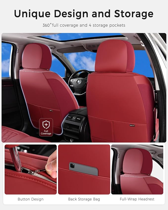 Huidasource Red Front Seat Cover, Nappa Leather Front Car Seat Cover, Side Elastic Fabric, Compatible with Airbags, Seat Belts, Universal Fit for Most Cars, Vans, Trucks, SUVs (Front Pair/Red)