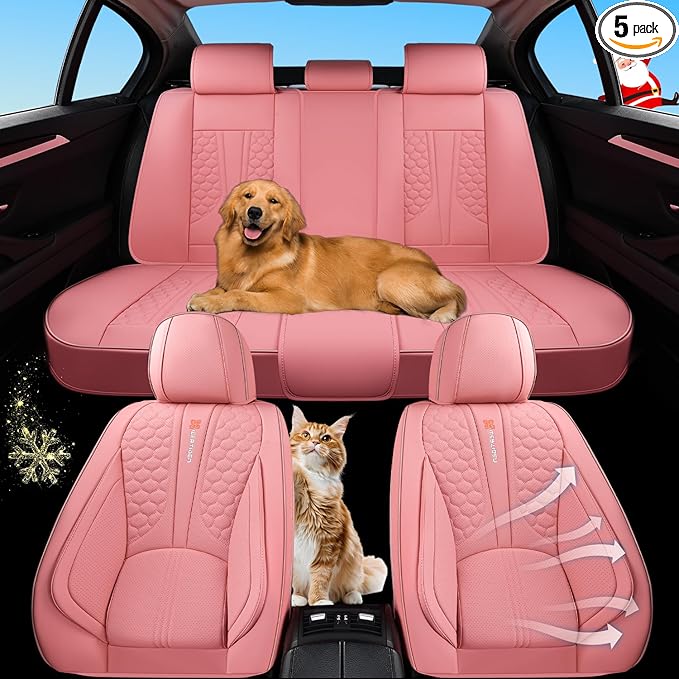 Pink Car Seat Covers Full Set – Stylish Leather Waterproof Seat Protectors for Cars, SUVs & Trucks, Airbag Compatible, Non-Slip Design, Easy to Install, Fits Most Vehicles