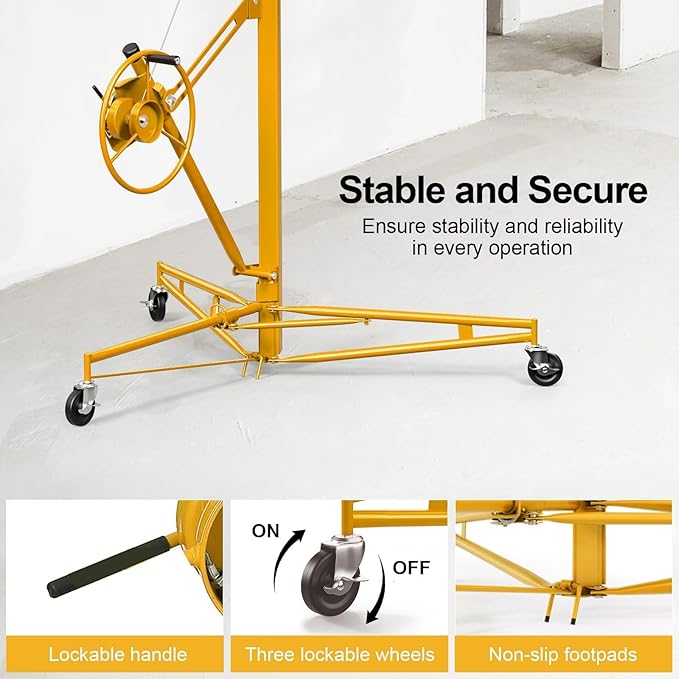 16FT Drywall Lift Sheetrock Lift, 150LBS Capacity, Drywall Lift Panel Hoist with Telescopic Arm, Drywall Jack Lift with 3 Lockable Wheels for Home Improvement, 4'x16' Panel Size, Yellow
