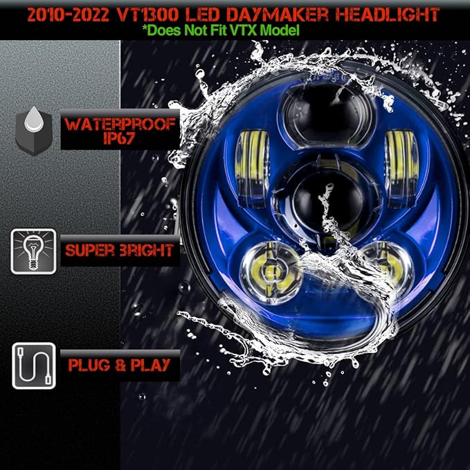 SLK-Lights VT1300 Fury Daymaker LED Headlight 5 3/4in - Direct Fit - Plug & Play - Compatible Honda VT1300 2010-2025 Honda Fury, Sabre, Interstate, and Stateline (Blue)