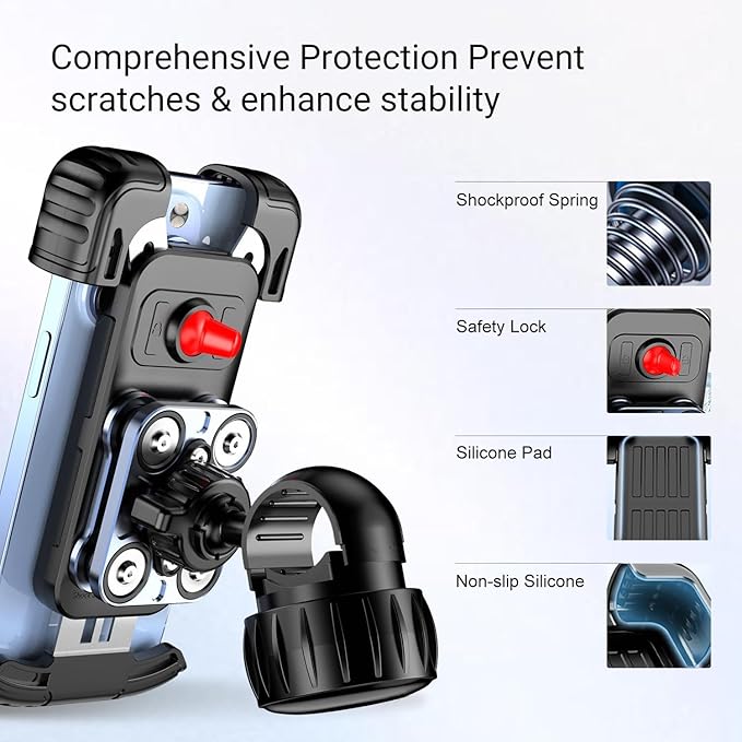 ADDMOTOR Motorcycle Phone Holder, Bike Handlebar Phone Mount, Quick Install Electric Bike Motorcycle Accessories, Anti-Shake Phone Clip for iPhone 16/15/14/13 Pro Max, 4.7-6.8" Phones, Black