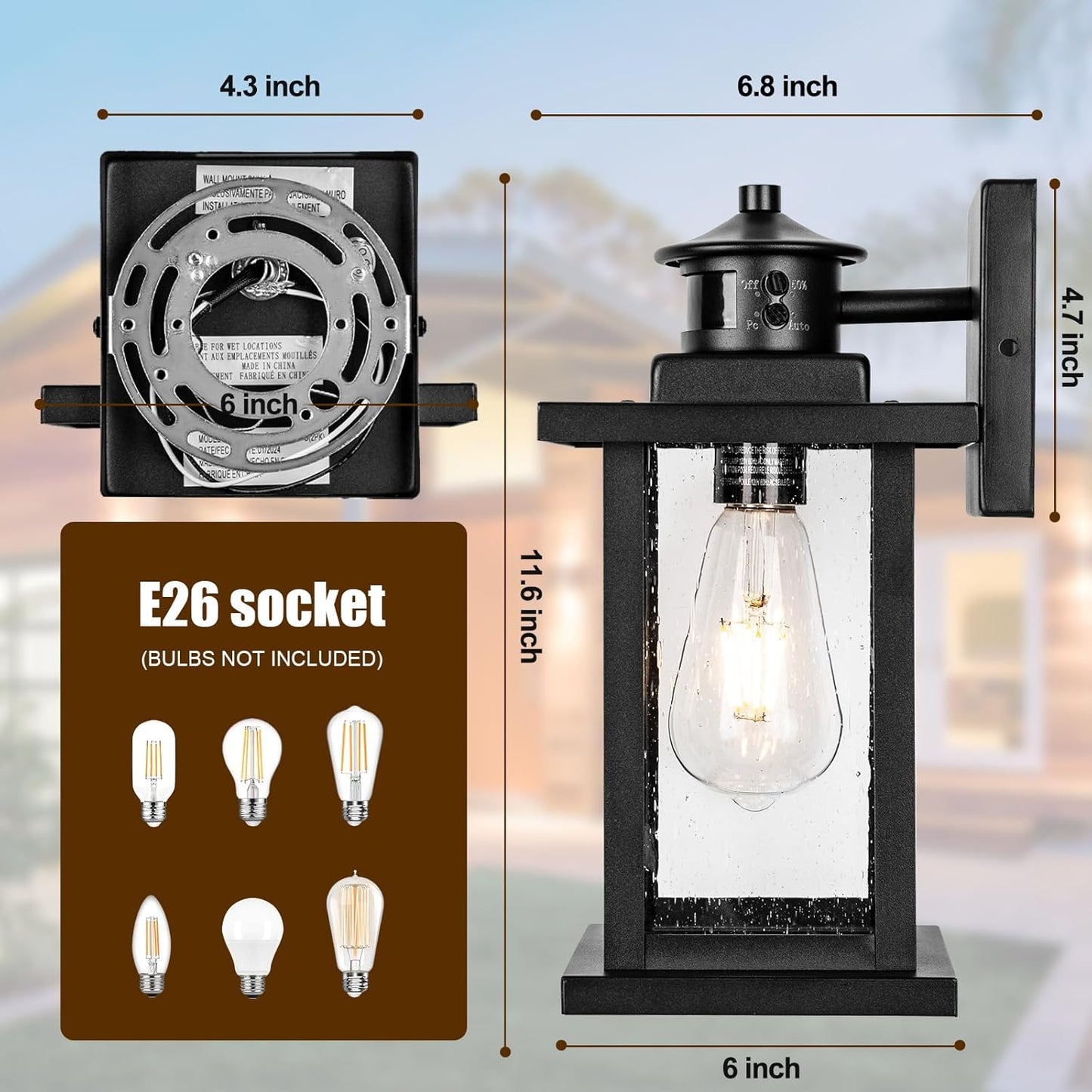 Motion Sensor Outdoor Lights Wall Mount, Dusk to Dawn Garage Exterior Light Fixture 2 Packs, Outdoor Wall Lighting with E26 Socket, Waterproof Unique Glass Shade, Exterior Lights for House, Porch