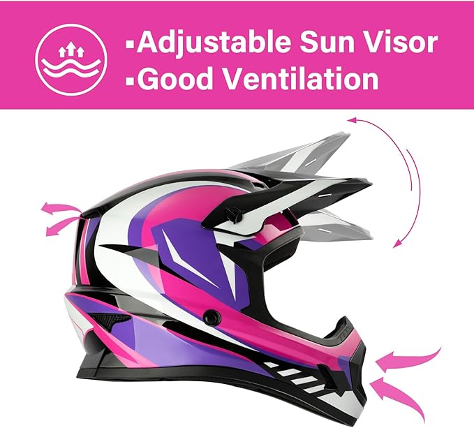 XFMT DOT Youth Kids Dirt Bike Helmet Full Face Motocross Helmets for Off-Road ATV Street Bike Four Wheeler Motorcycle with Goggles & Gloves, Rose Red Small