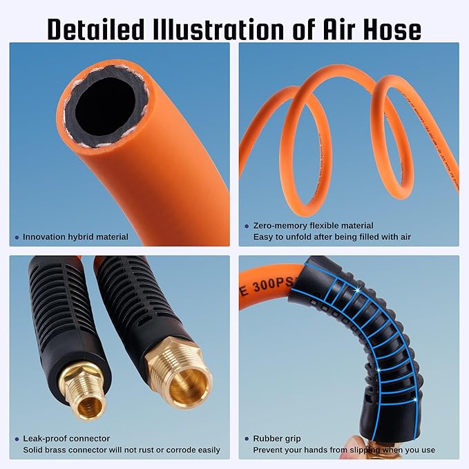 Truck Tire Inflator Kit, 3/8” x 50FT Hybrid Air Hose with 1/4" Chuck and 1/2" NPT Universal Gladhand Connection