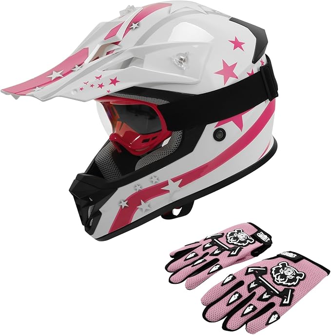 XFMT DOT Youth Kids Dirt Bike Helmet Full Face Motocross Helmets for Off-Road ATV Street Bike Four Wheeler Motorcycle with Goggles & Gloves, Pink Star Small