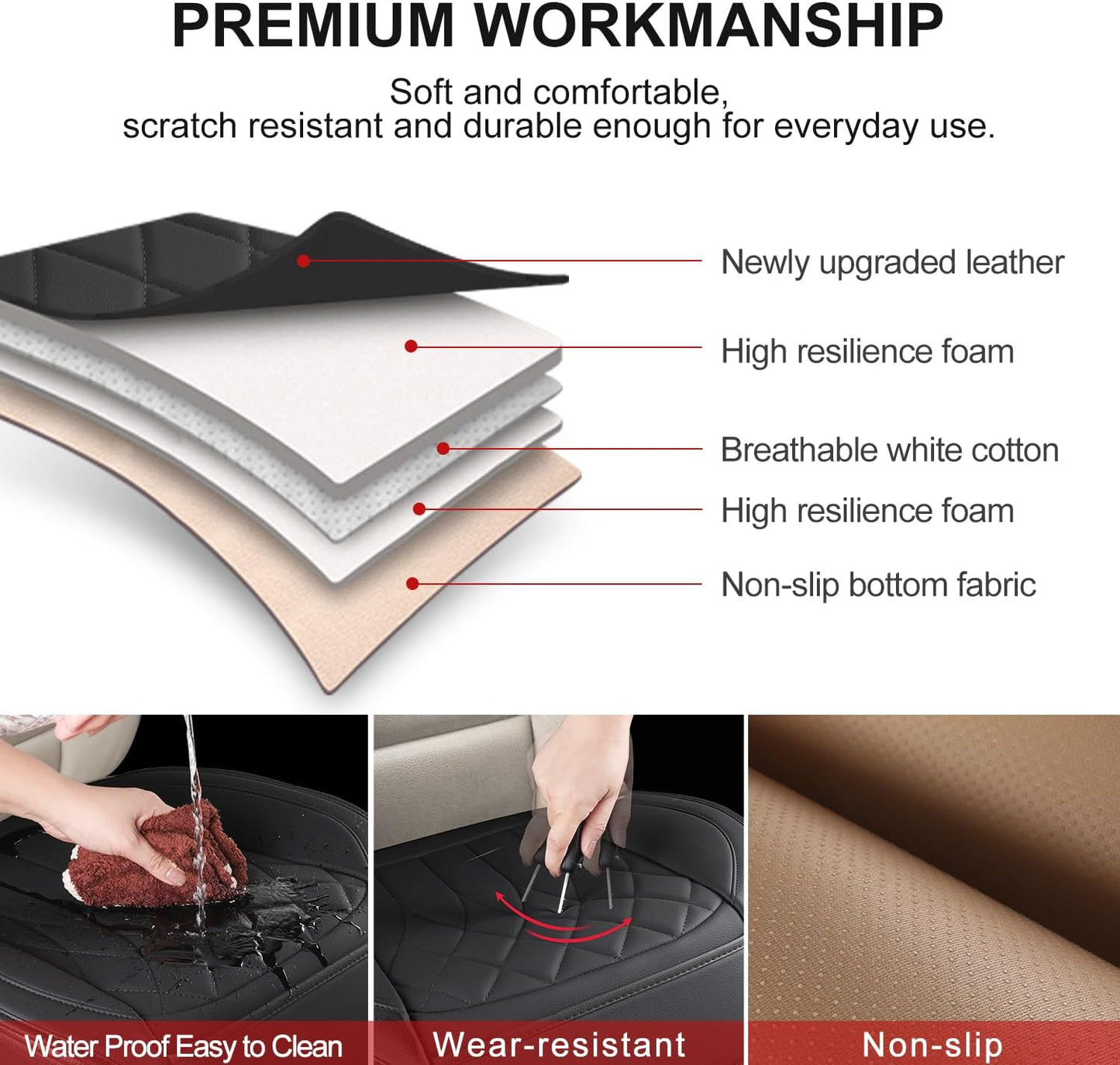 2 Pack Leather Front Car Seat Cover Bottom Car Seat, Universal Anti-Slip Driver Car Seat Protectors with Storage Pocket, Waterproof Bottom Auto Seat Cushion Pad Mat for Most Vehicles(Black)