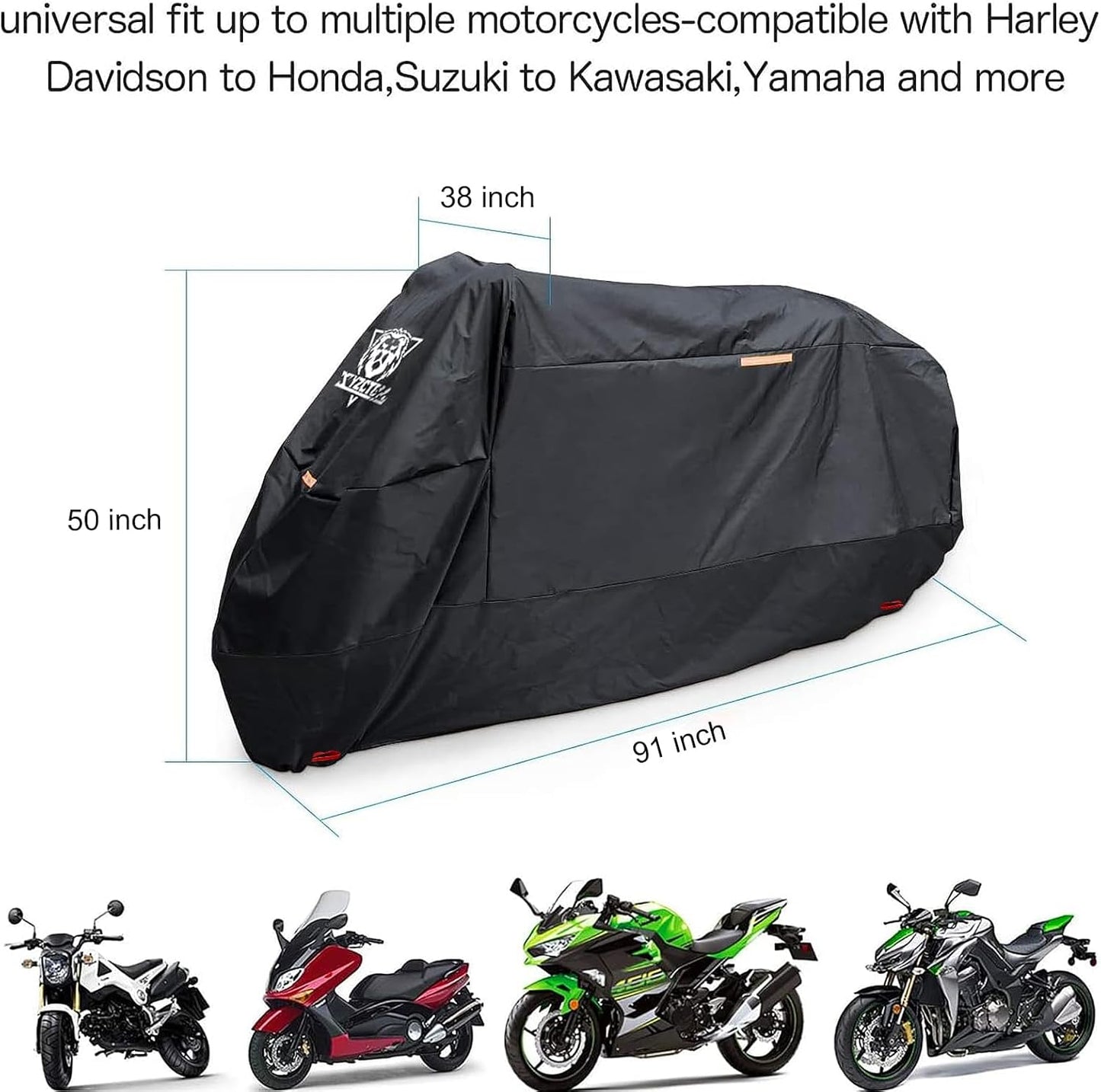 XYZCTEM Motorcycle Cover -Waterproof Outdoor Storage Bag,Made of Heavy Duty Material Fits up to 91 inch, Compatible with Harley Davison and All Motors(Black& Lockholes& Professional Windproof Strap)