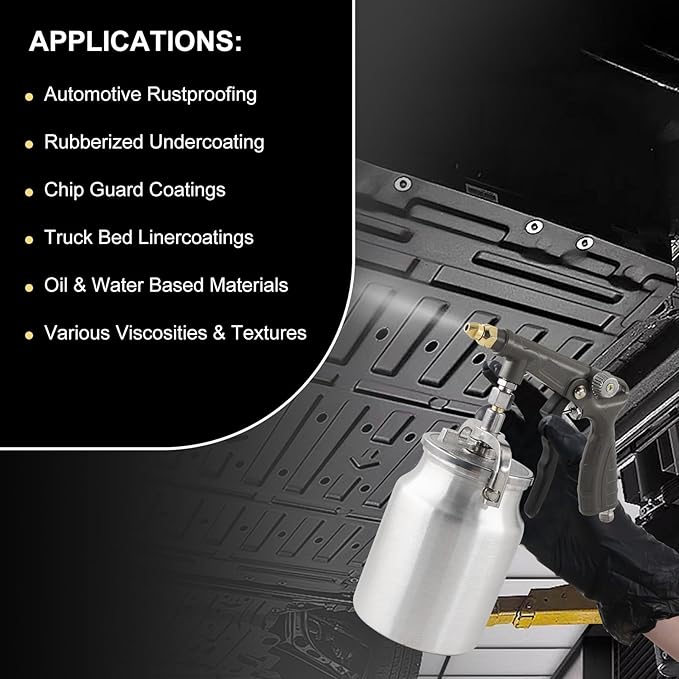 Undercoating Spray Gun with 1000ml Suction Feed Cup, 2 Wands - 360° & Straight Spray Hoses, Undercoat Gun for Truck Bed Liner Coating, Rubberized Undercoat, Rust Proofing