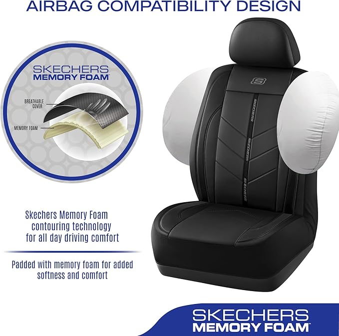 Skechers Car Seat Covers,Luxury Faux Leather Seat Covers,Waterproof Anti Slip Car Seat ProtectorFull Set,Car Accessories Airbag Universal Fit for Most Cars,Vans,Trucks,SUV,Black