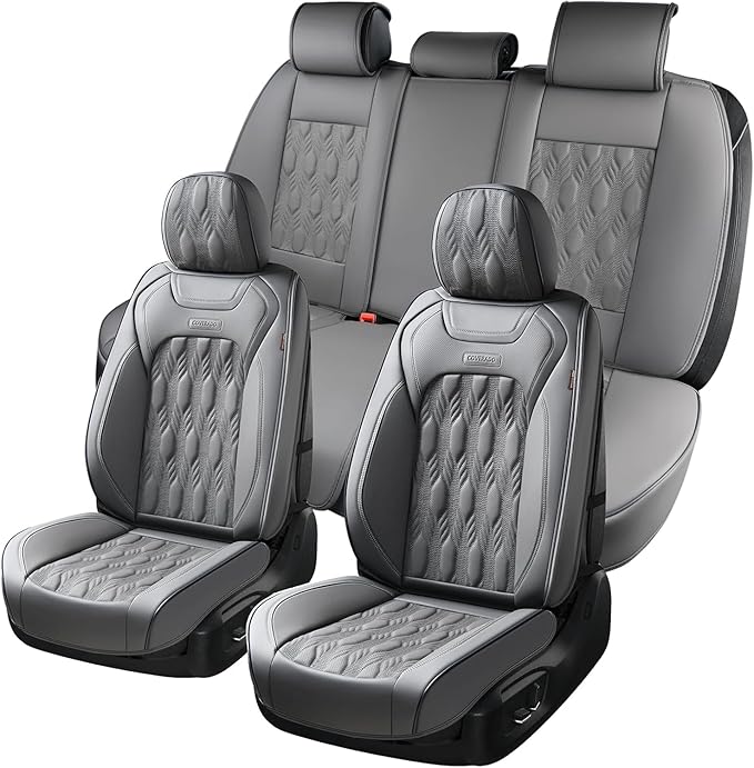 Coverado Car Seat Cover Full Set, Waterproof Front and Back Seat Covers for Cars, 5-Pack Leather Seat Covers, Car Seat Protectors, Driver Seat Cushions Fit for Most Vehicles Gray
