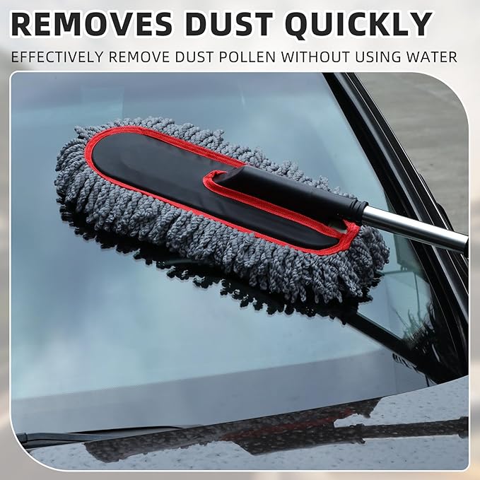Tanlade 2 Pack Microfiber Car Duster Exterior Scratch Free with Extendable Handle Soft Car Duster Kit for Cleaning Dust Brush Set for Exterior Interior Cleaning Tools (Red Edge Gray)