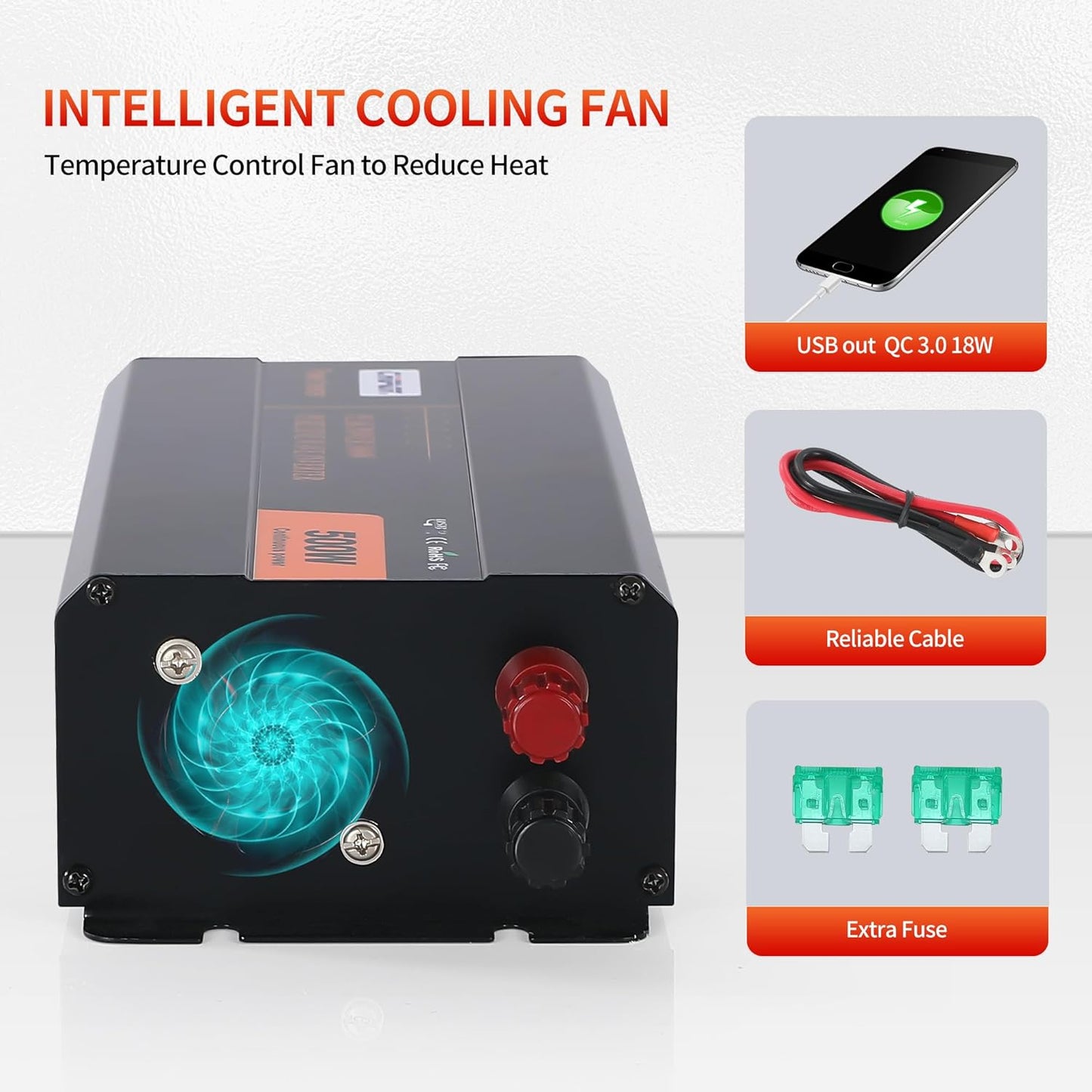 500W Pure Sine Wave Inverter 12V DC to 120V AC Converter for Home, RV, Truck, Off-Grid Solar Power Inverter with Built-in 5V/2.1A USB, Reliable Cable, Remote Controller