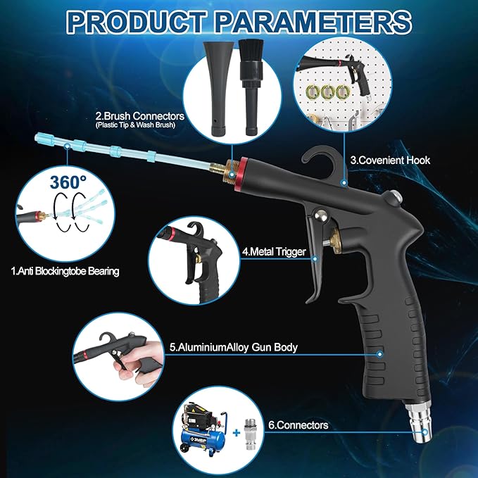Tornado Car Cleaning Gun, Dry Car Detailing Tools, Aluminum Alloy Bearing Nozzlefor, Car Quickly Blasts Dirt and Dust Works with Air Compressor (Black)