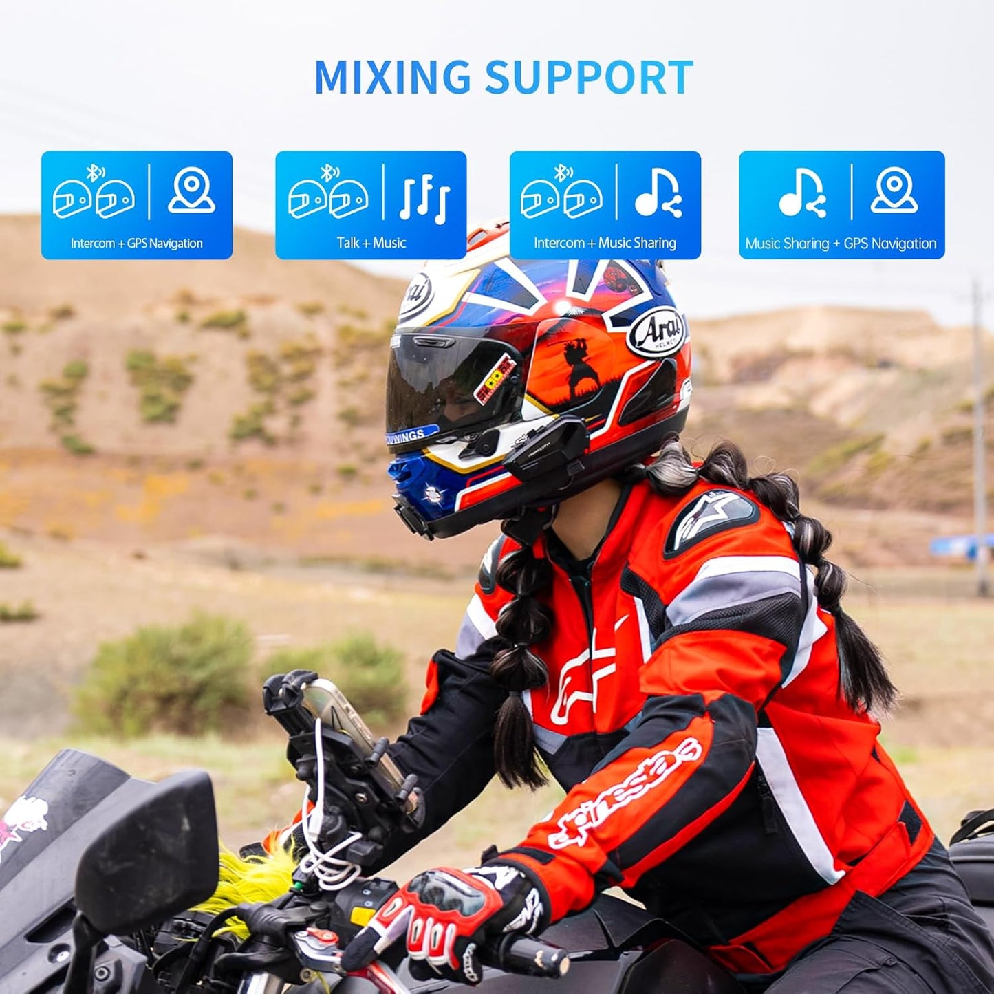 FreedConn FX Plus Motorcycle Helmet Bluetooth Headset, Auto-Join Mesh Network, 16 Riders Intercom Motorcycle Communication Systems with CVC and AI Noise Cancellation for Group Ride, 2 Pack