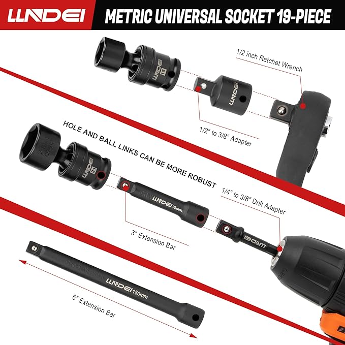 LLNDEI 3/8" Drive Universal Impact Socket Set, 19 Pieces CR-MO Swivel Socket Set, Metric(8-22mm) Wobble Sockets 6 Point with Extension Bars, Adapter and Black Organizer