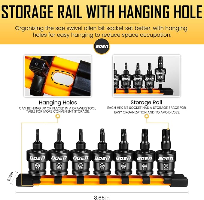 boen 3/8" Drive Universal Torx Bit Socket Set, 7-Piece SAE Impact Swivel Star Bit Sockets, 360° Rotation Flexible Wobble Torx Bit Driver Socket Set, With Storage Rail, CR-MO Steel