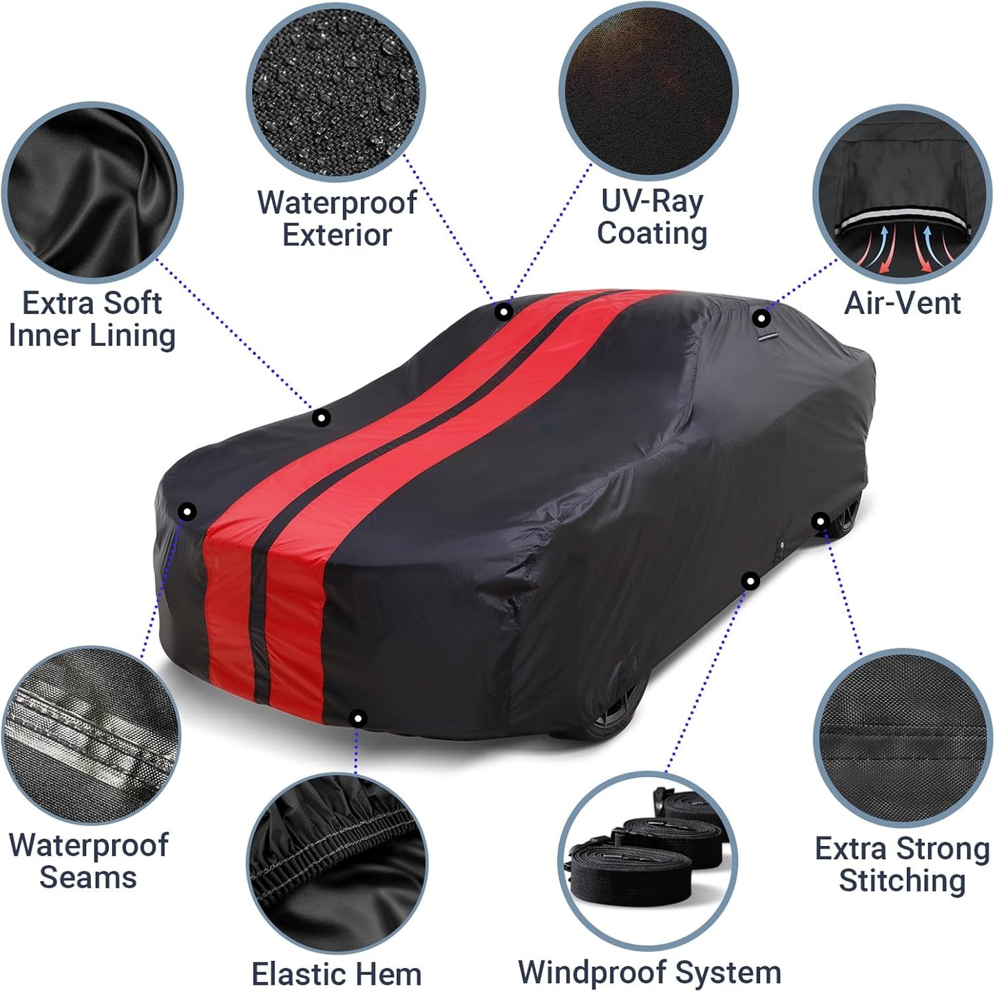 iCarCover Custom Car Cover for Pontiac Phoenix (1980-1984) Waterproof All-Weather Rain Snow UV Sun Protector Full Exterior Indoor Outdoor Car Cover (Stripe - Black/Red)