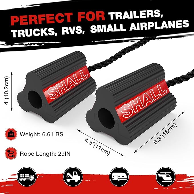 SHALL Wheel Chocks, Heavy Duty Rubber Wheel Chocks with 3 Reflective Strips, Solid Block Stopper for RV Trailer Camper Truck Car Aircraft, 2 Pair/4 Pack with Rope, Red