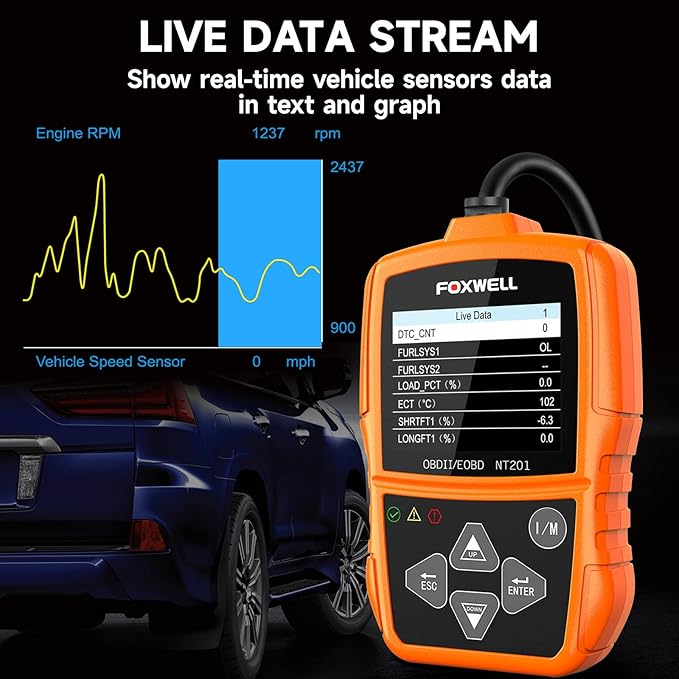 FOXWELL NT201 OBD2 Scanner Code Reader for Cars and Trucks - Reset Check Engine Light, Read and Clear Fault Codes, Live Data Diagnostic Tool for All Cars Since 1996