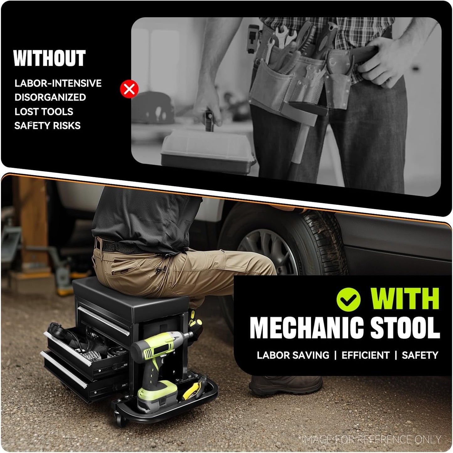 Auto Dynasty 3-Drawer Mechanic Rolling Seat, 350 LBS Capacity Roller Garage Shop Seat with Storage Tool Tray for Workshop, Repair Shop, Warehouse, Black