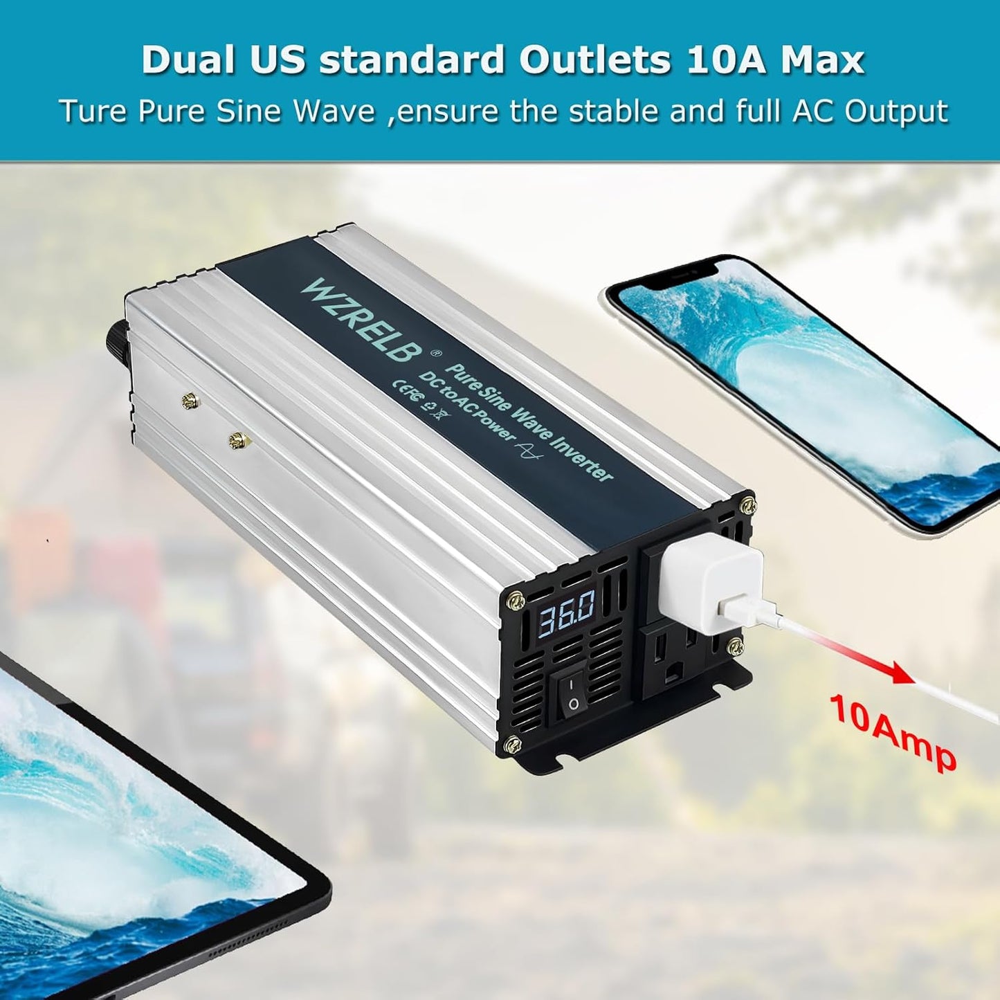 WZRELB 1200W Pure Sine Wave Inverter 36V DC to 110V 120V AC Power Converter with LED Display, Off-Grid Portable Power Inverter with 2 AC Outlets for Home, RV, Truck, Camping