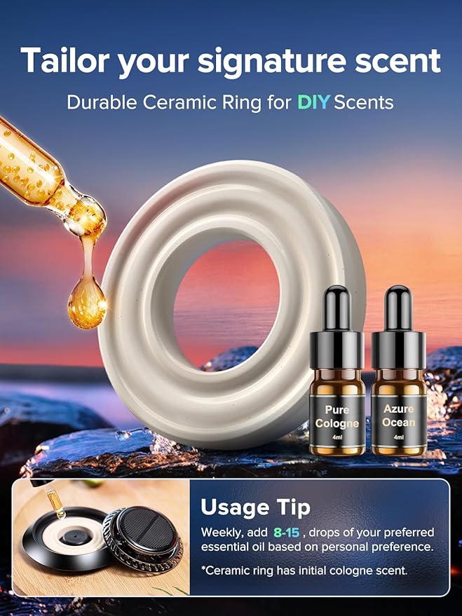 Ceeniu Solar Car Air Freshener F21, DIY Essential Oils, UFO Solar-Powered Auto Rotary Diffuser, Natural French Fragrance Lavender & Mint Ice, Two Oils, Aluminum Alloy, Dashboard Aromatherapy Freshener
