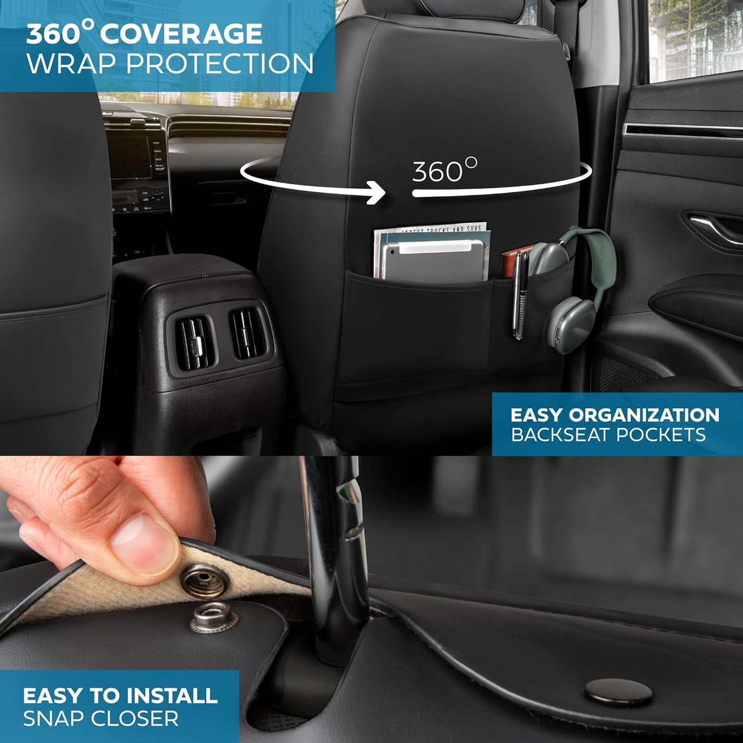 Elite Edition Faux Leather & Suede Seat Covers for Cars, Trucks, & SUV - 2 Black Car Seat Covers for Front Seats - Universal Fit Car Accessories Automotive Interior Cover Protector for Cars