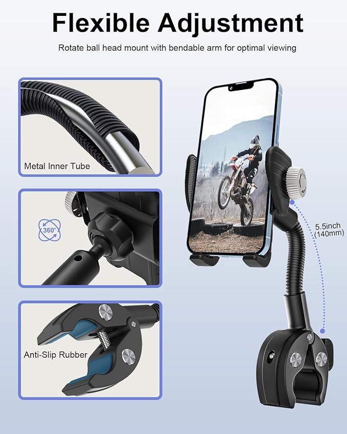 woleyi Gooseneck Phone Holder for Bike - Motorcycle Phone Mount, 360° Rotatable Adjustable Cell Phone Handlebar Clamp, Scooter Phone Clip, for iPhone Air 17 Pro Max 16 1514 13, S25, 4.7-7" Smartphones