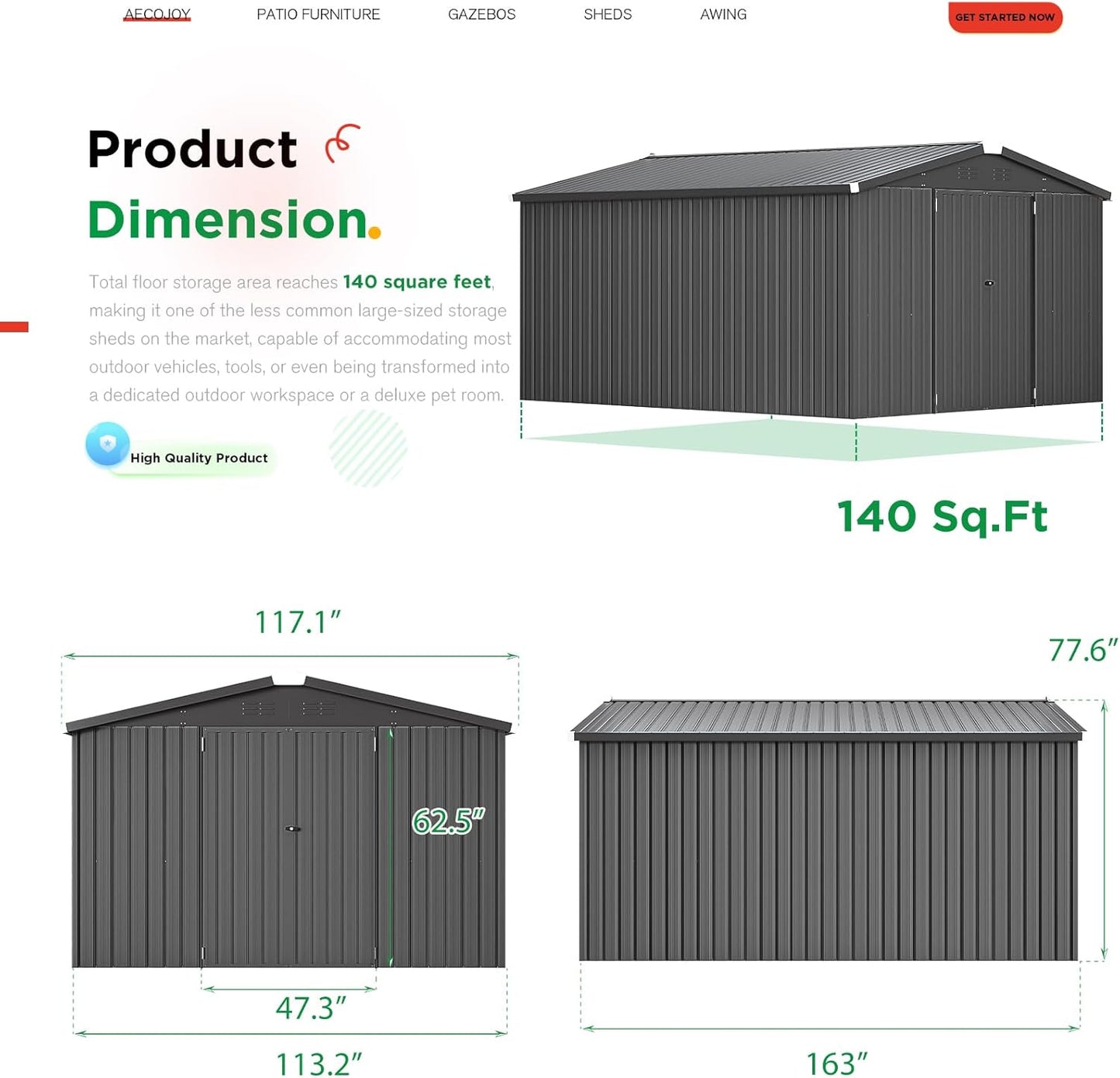 AECOJOY Shed 10' x 14' Storage Shed, Outdoor Storage Sheds & Outdoor Storage 10' x 14' with Lockable Doors, Large Steel Yard Shed, Utility and Tool Storage for Garden, Patio, Outside use in Dark Grey