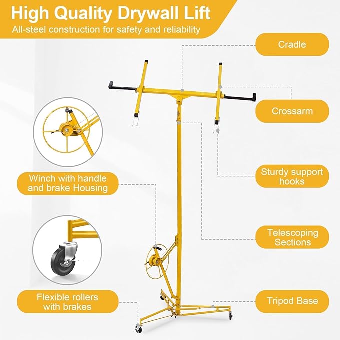 13FT Drywall Lift Sheetrock Lift, 150LBS Capacity, Drywall Lift Panel Hoist with Telescopic Arm, Drywall Jack Lift with 3 Lockable Wheels for Home Improvement Classic, 4'x16' Panel Size, Yellow