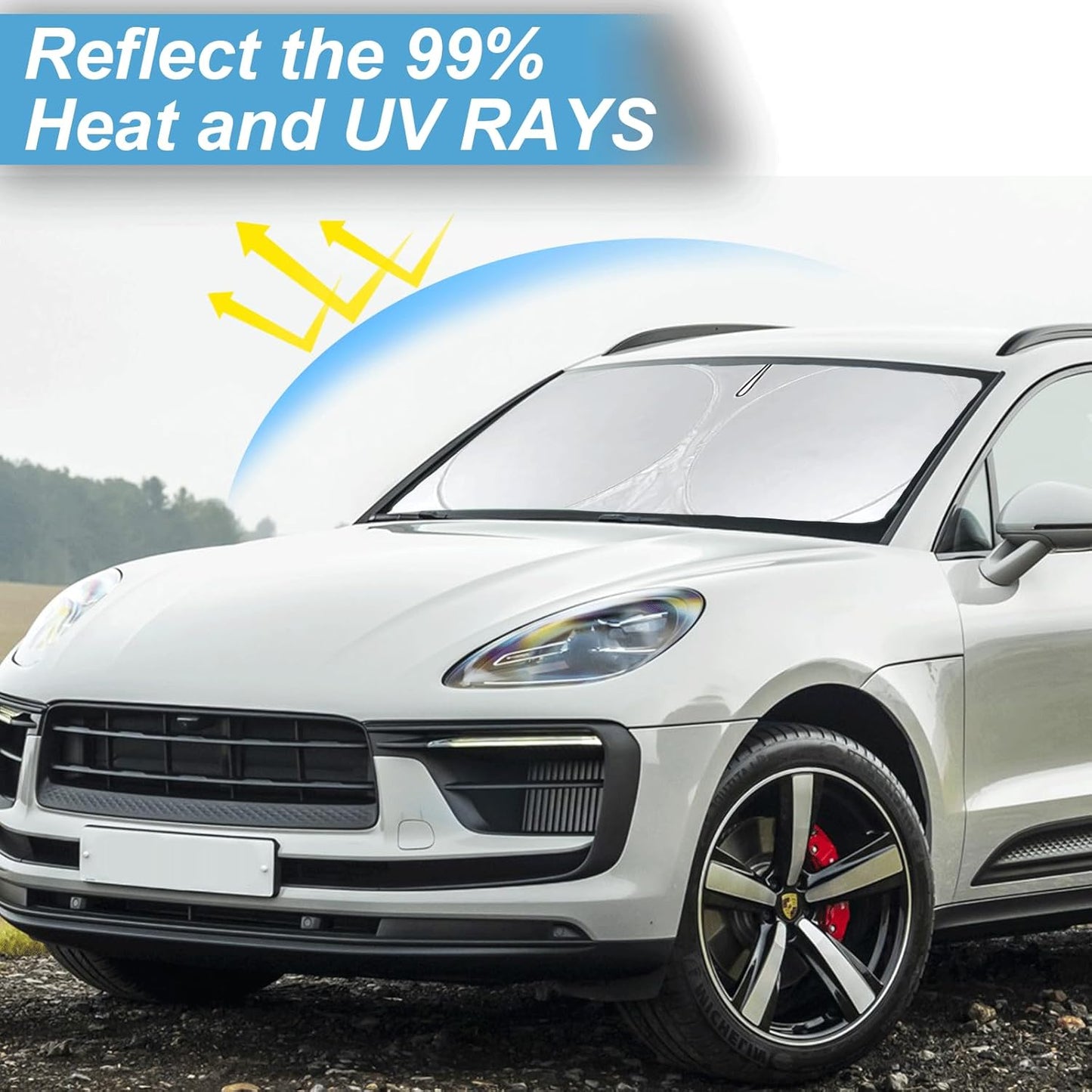 Custom Fit Macan Windshield Sunshade for 2026 2025-2014 Porsche Macan Accessories Front Window Sun Shades Shield Cover for Windshield Foldable 210T Sun Visor Protector Blocks UV Ray Keep Car Cooler