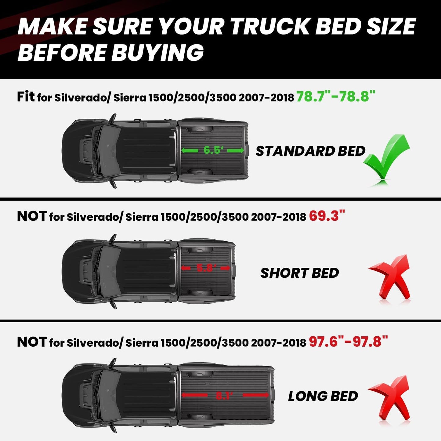 LASFIT Bed Mat 2007-2018 for Chevy Silverado/GMC Sierra 1500 (Only Fit 6.5FT Bed, Not Fit 5.8 FT/8.1FT Bed) & 2007-2019 Silverado/Sierra 2500HD & 2011-2019 3500HD, 2007 New Body Only