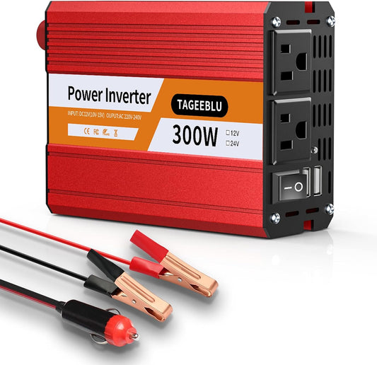 300W Power Inverter DC 12V to 110V AC Car Inverter with 4.2A Dual USB(18W) Charging Ports, Dual AC Adapter for Laptops