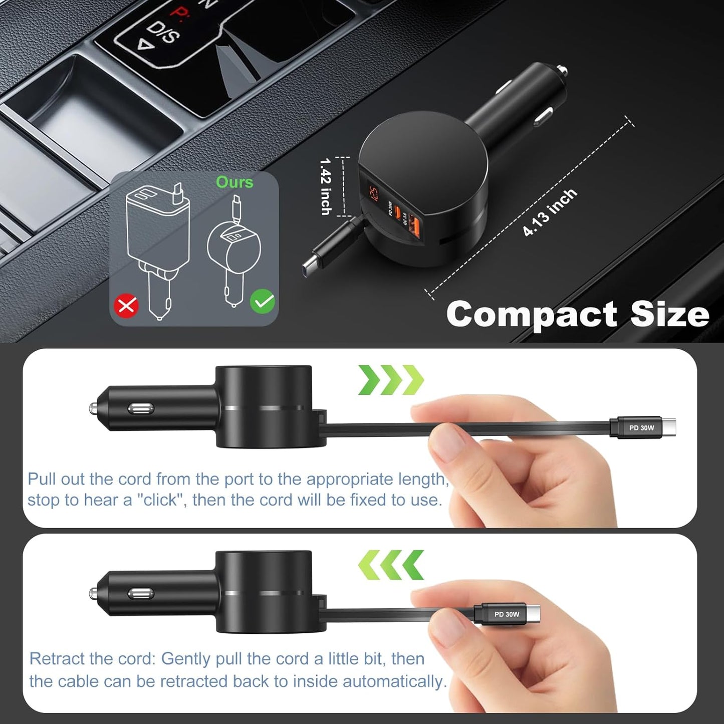 Retractable Car Charger USB C, OKRAY 78W 3-Port 12v Cigarette Lighter Adapter PD30W Fast Charging Type C Car Phone Charger & Coiled USB C Cable for iPhone 16 15 Pro, Samsung Galaxy S25 S24 A16, 2Pack